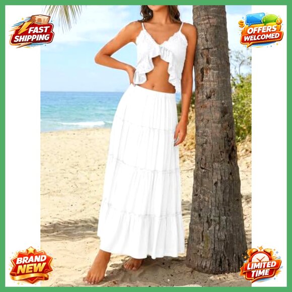 Boho Maxi Skirt Elastic High Waist A-Line Dress with Pockets Trendy Vacation - Picture 6 of 6